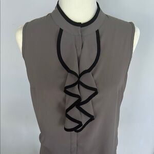 Calvin Klein Gray Sleeveless Ruffled Blouse with Mandarin Collar